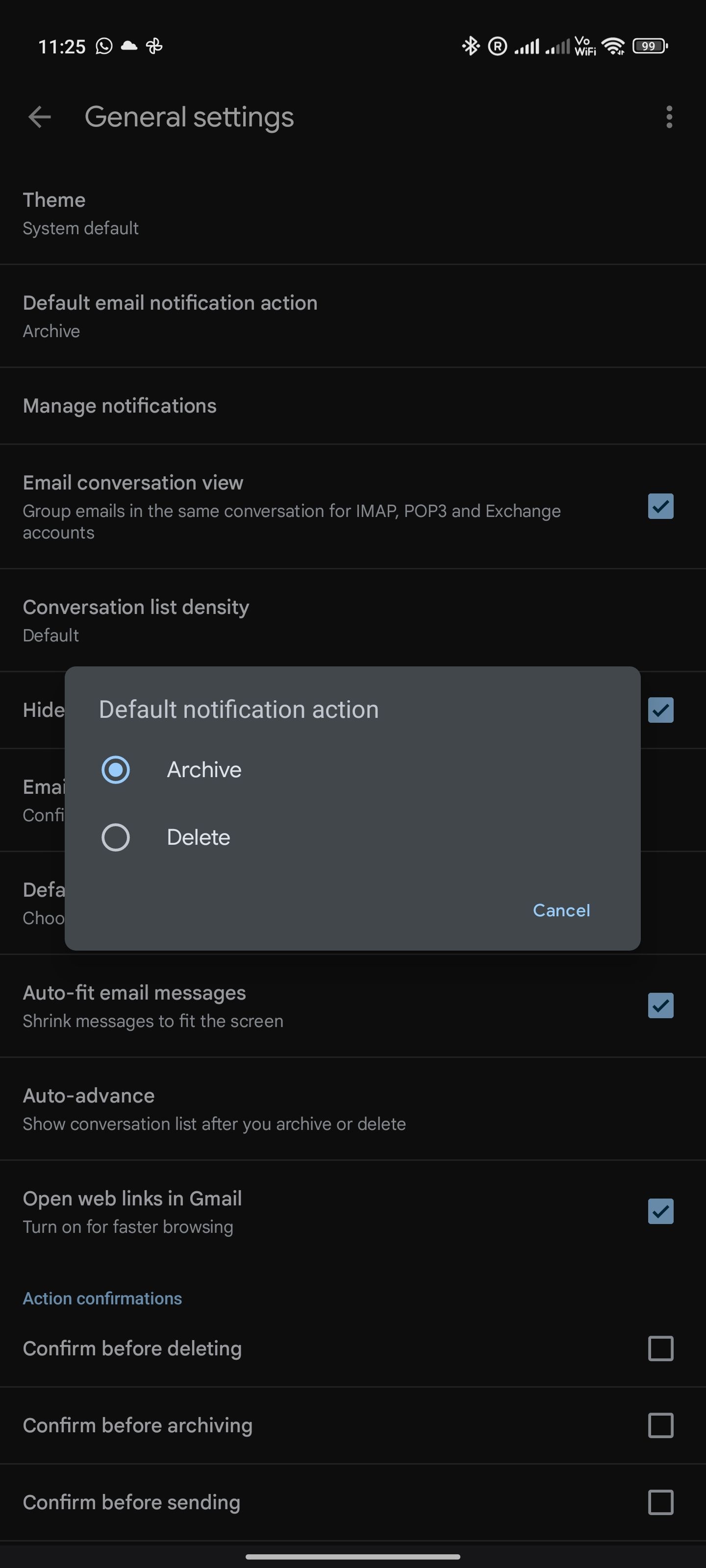 Ação de configuração de notificação padrão do Gmail