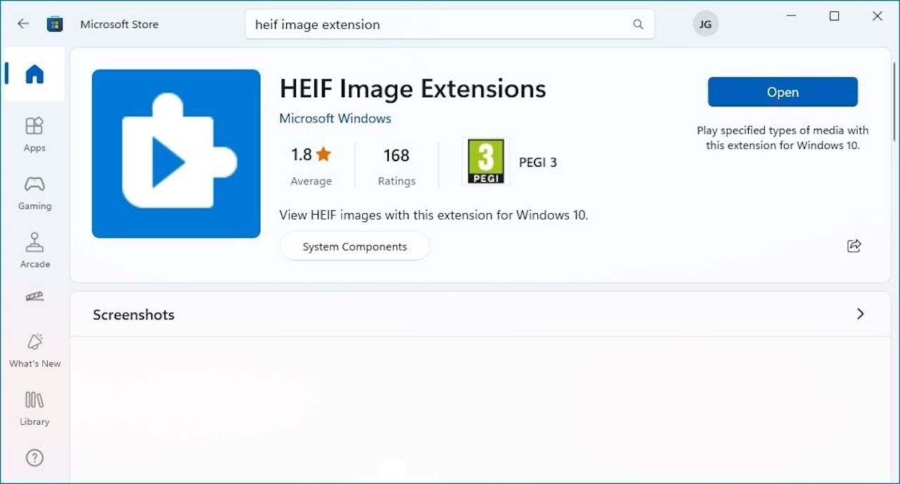 Extensões de arquivo HEIF instaladas na Microsoft Store