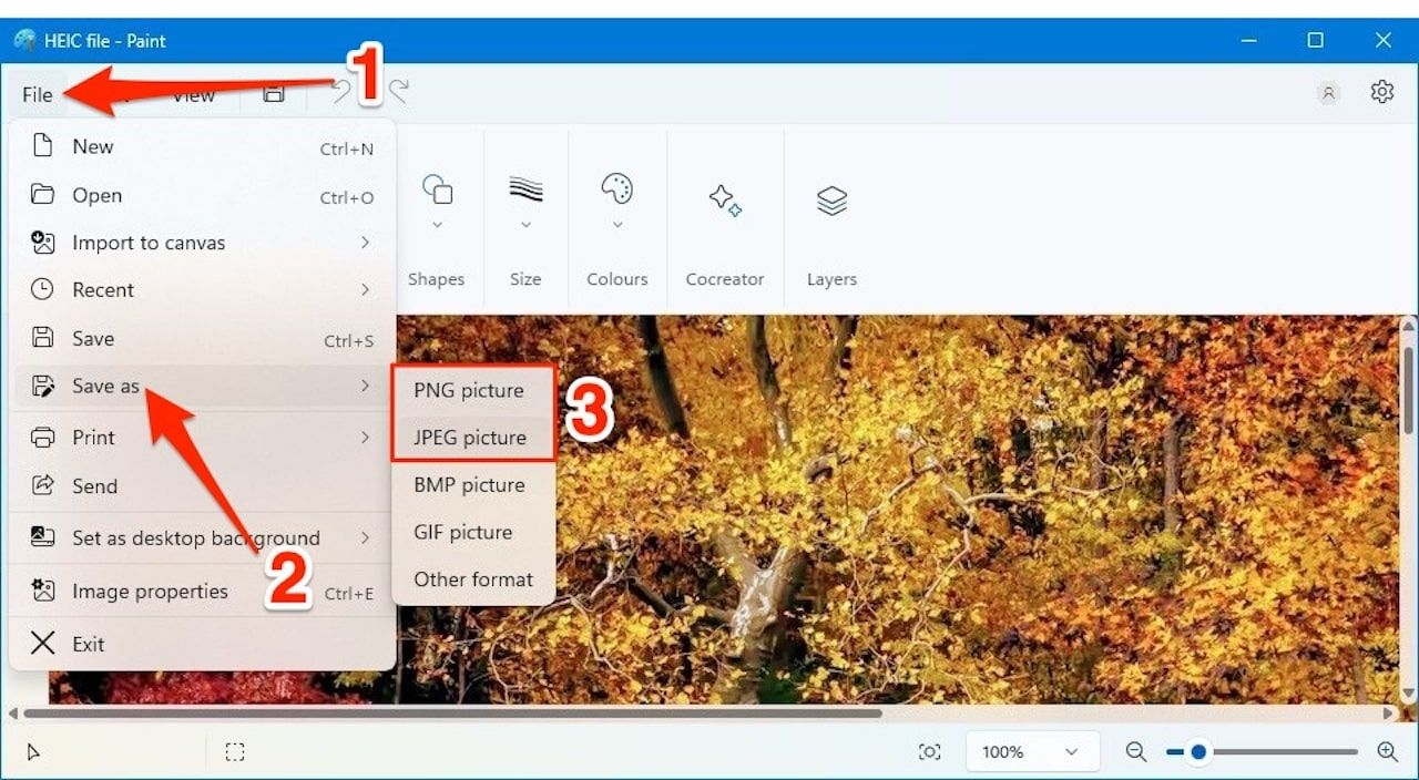 Salvando arquivo HEIC nos formatos JPEG e PNG no aplicativo Microsoft Paint