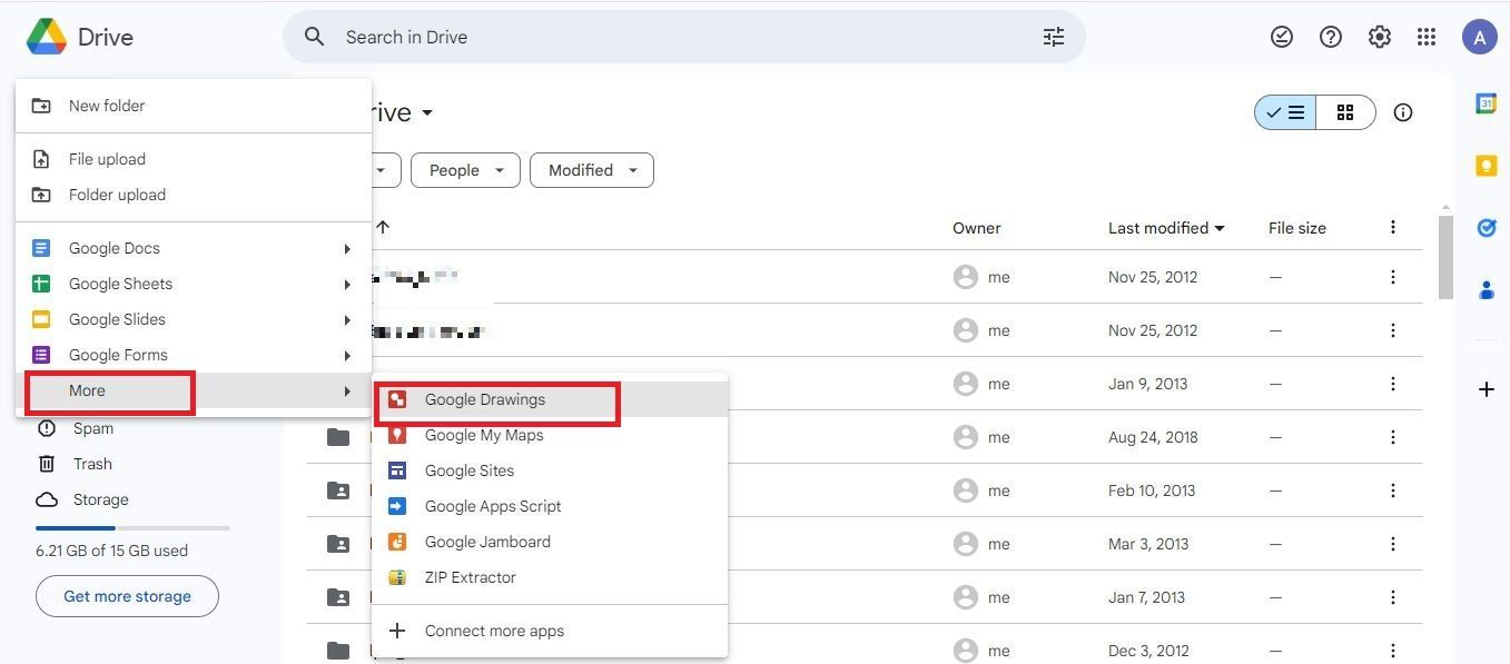 Captura de tela destacando a opção Desenhos Google no Google Drive