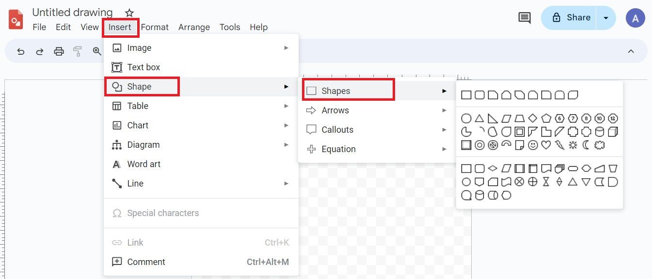 Captura de tela destacando a opção Formas no Desenhos Google