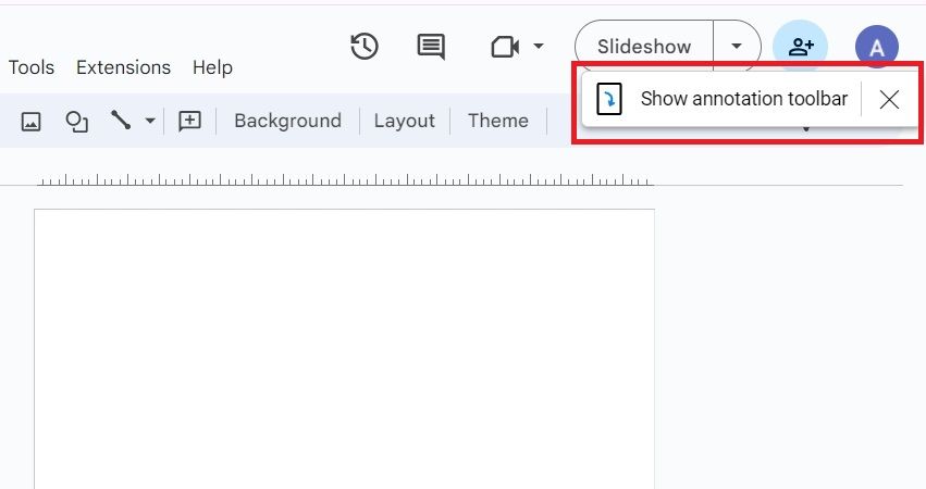Captura de tela destacando 'Mostrar barra de ferramentas de anotações' no Apresentações Google