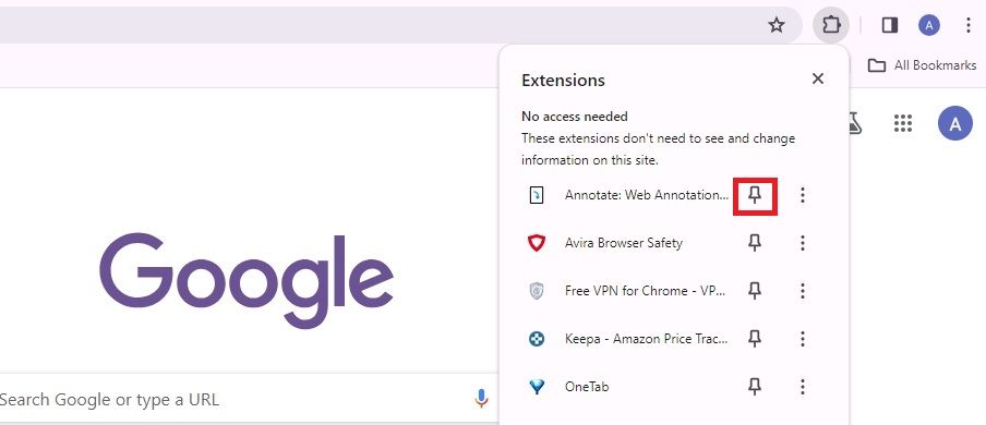 Captura de tela destacando o ícone de alfinete no Google Chrome