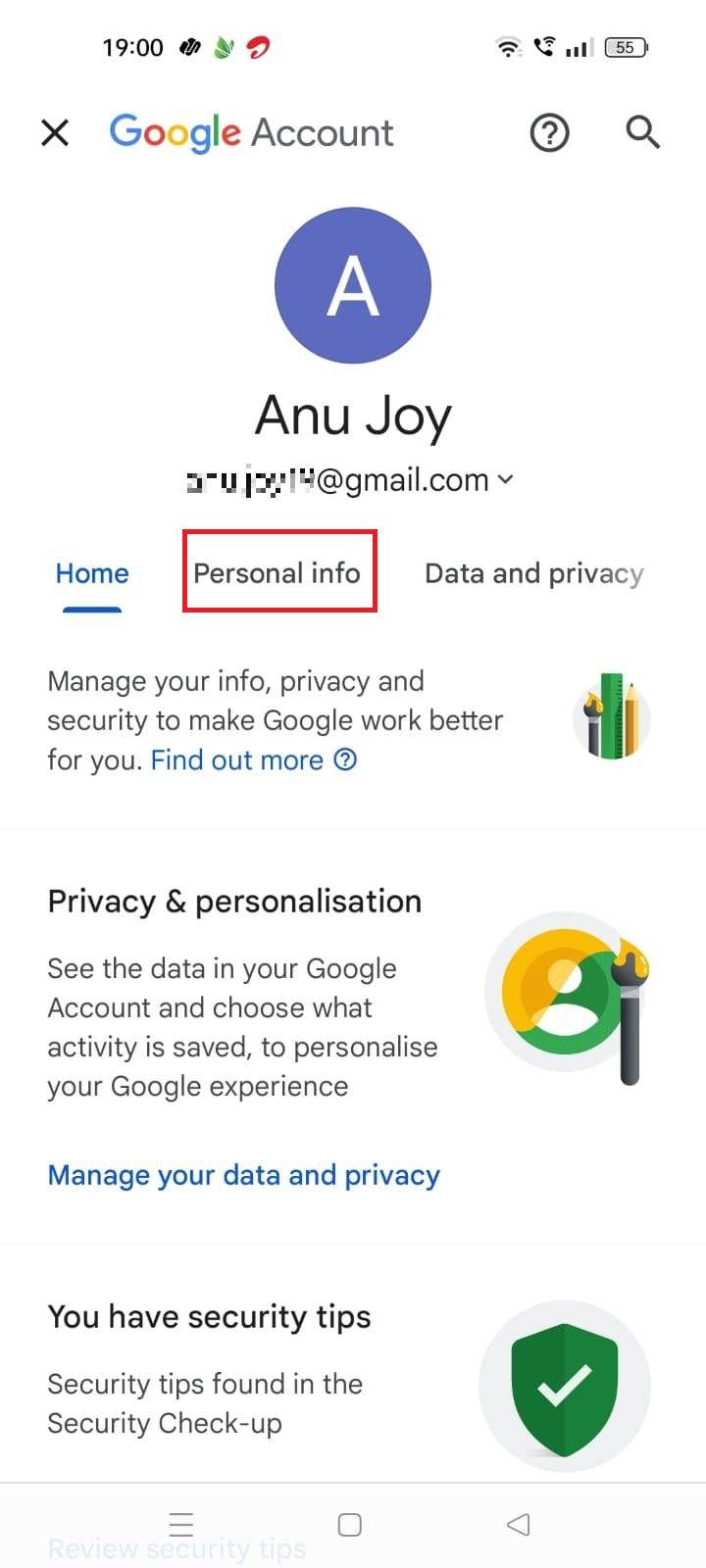 Captura de tela destacando informações pessoais no aplicativo Gmail para celular