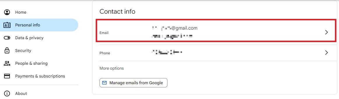Captura de tela destacando o endereço de e-mail em Informações de contato no Gmail