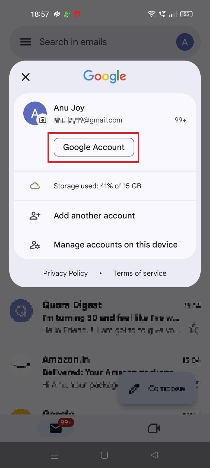 Captura de tela destacando a Conta do Google no aplicativo Gmail para celular