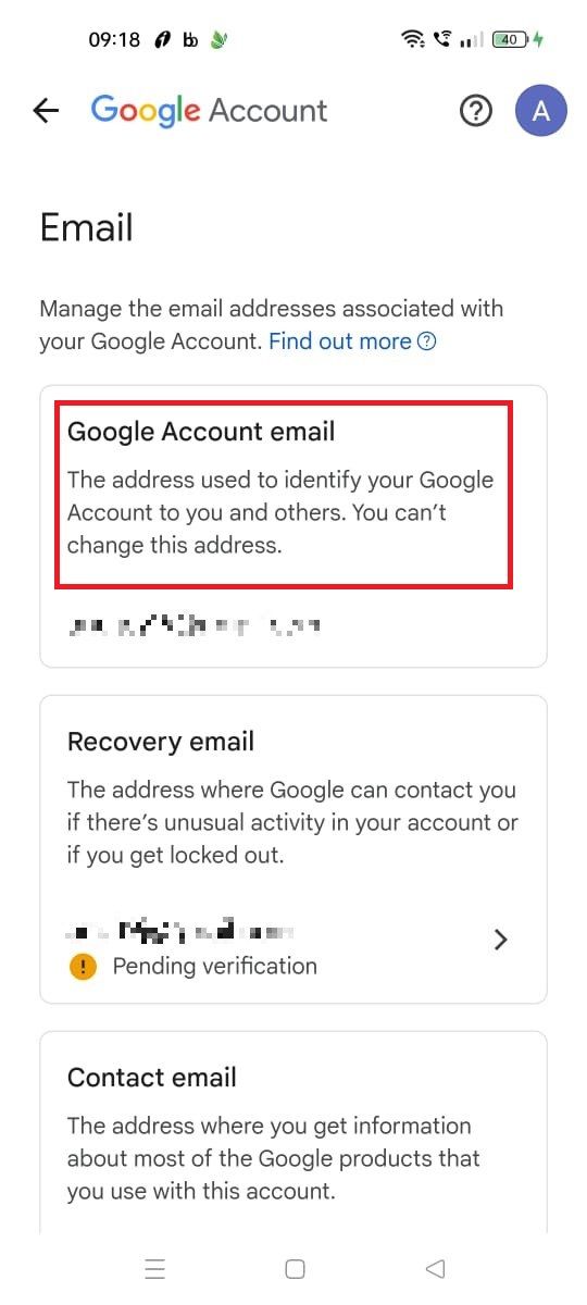 Captura de tela destacando o e-mail da Conta do Google no aplicativo Gmail para dispositivos móveis