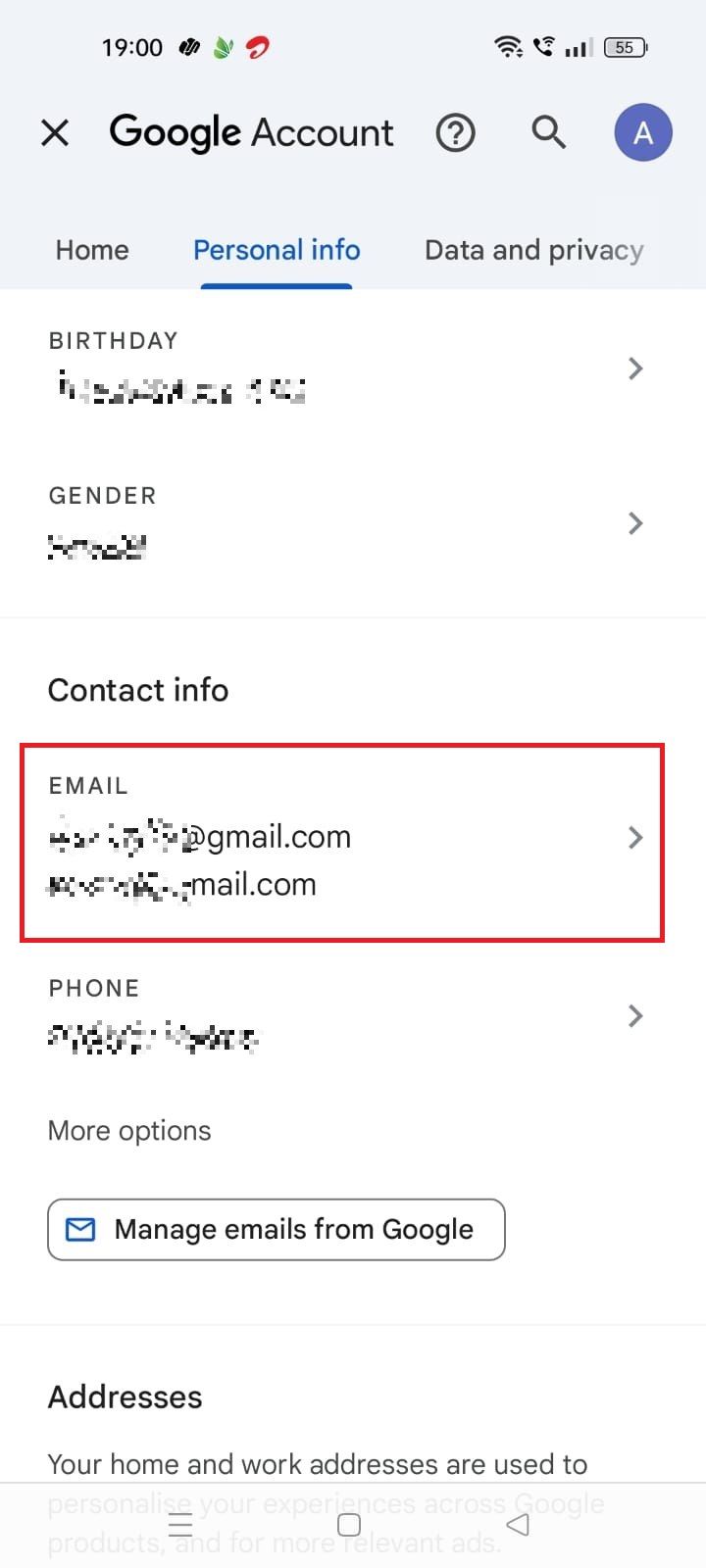 Captura de tela destacando E-mail em Informações de contato no aplicativo Gmail