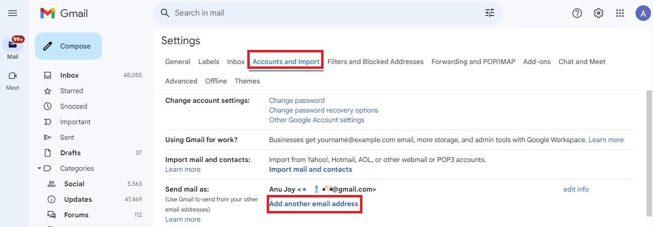 Captura de tela destacando Adicionar outro endereço de e-mail no Gmail