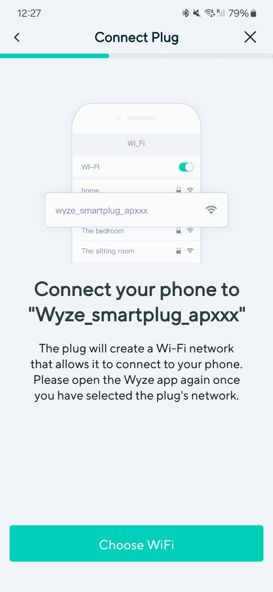 Captura de tela do aplicativo Wyze mostrando o processo específico para Wyze Plugs anteriores a 2021