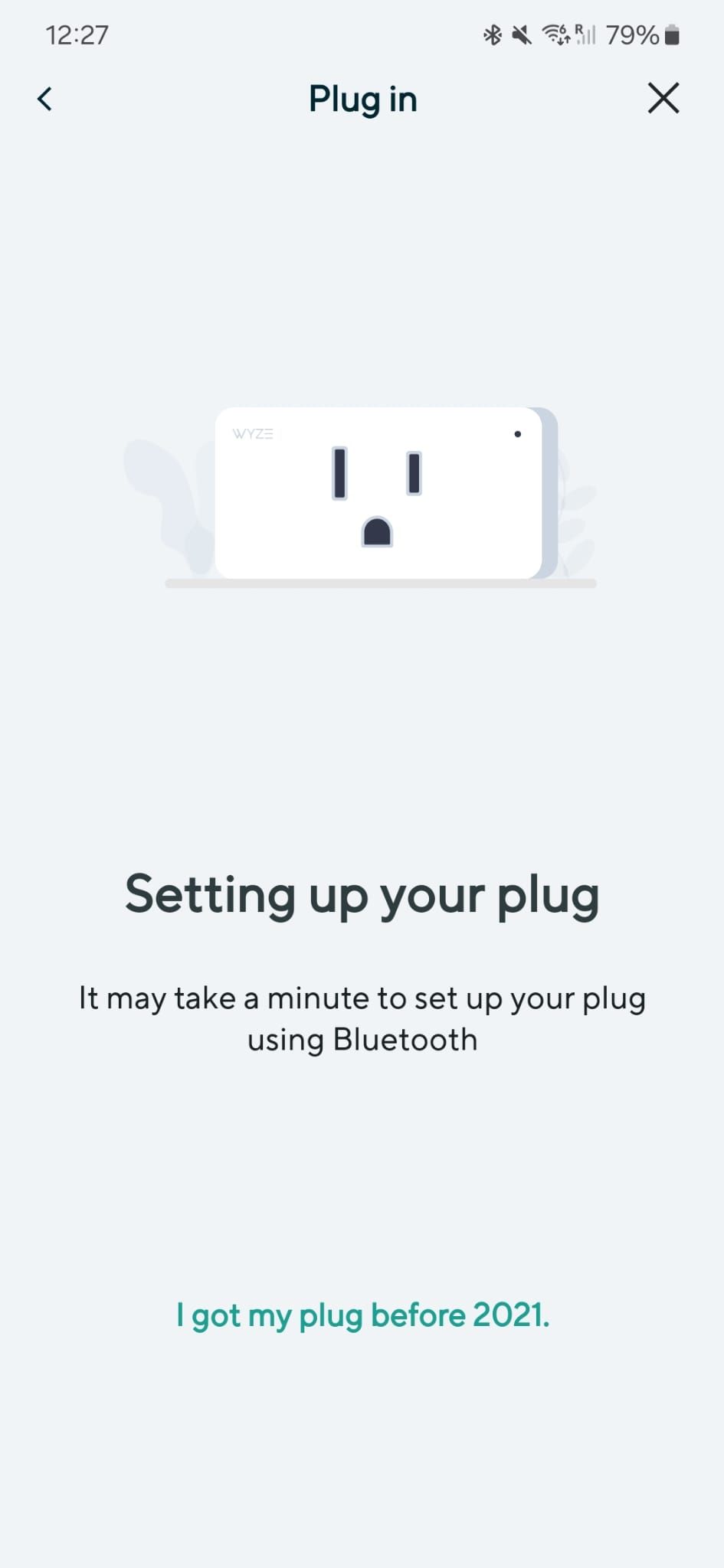 Captura de tela do aplicativo Wyze mostrando o processo específico para Wyze Plugs anteriores a 2021