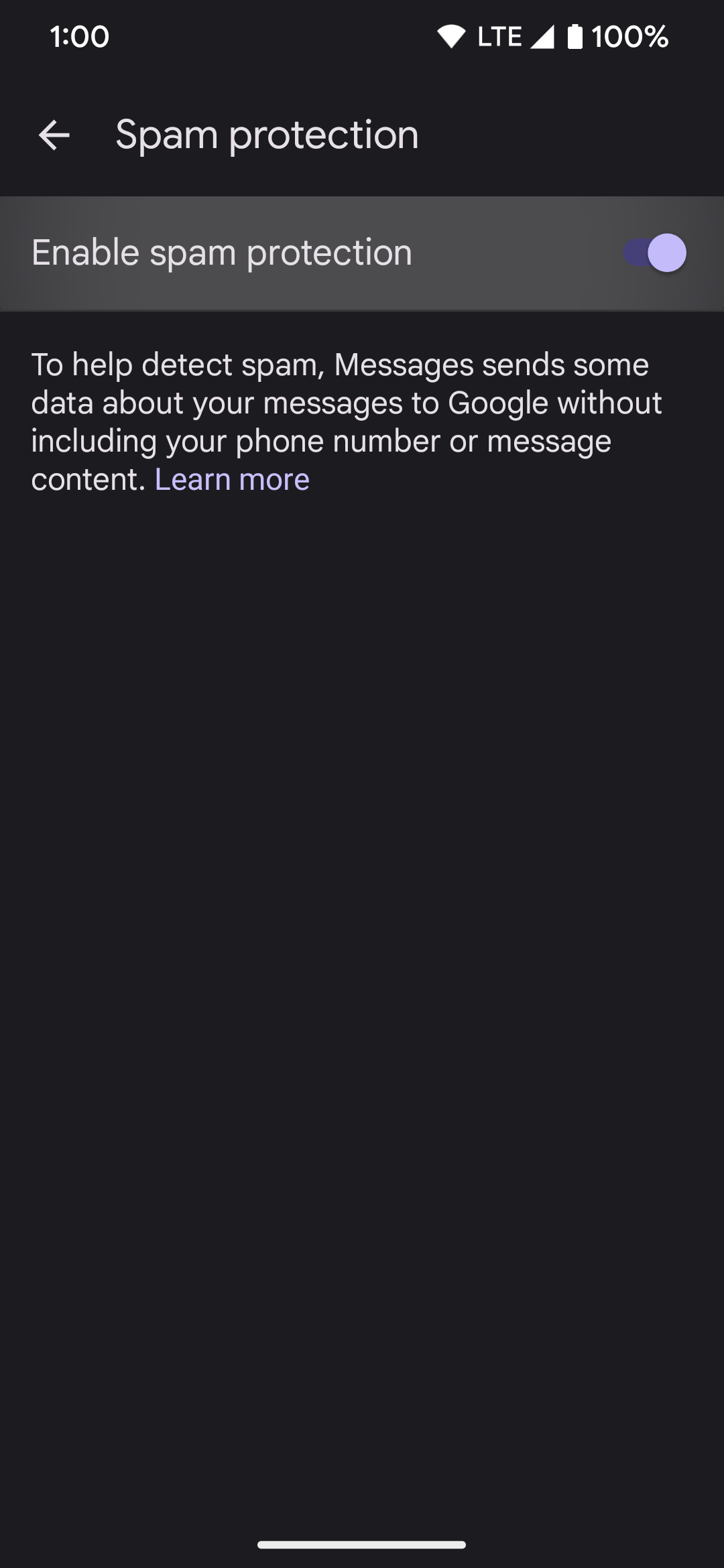 alternância de proteção contra spam do aplicativo de mensagens de telefone pixel