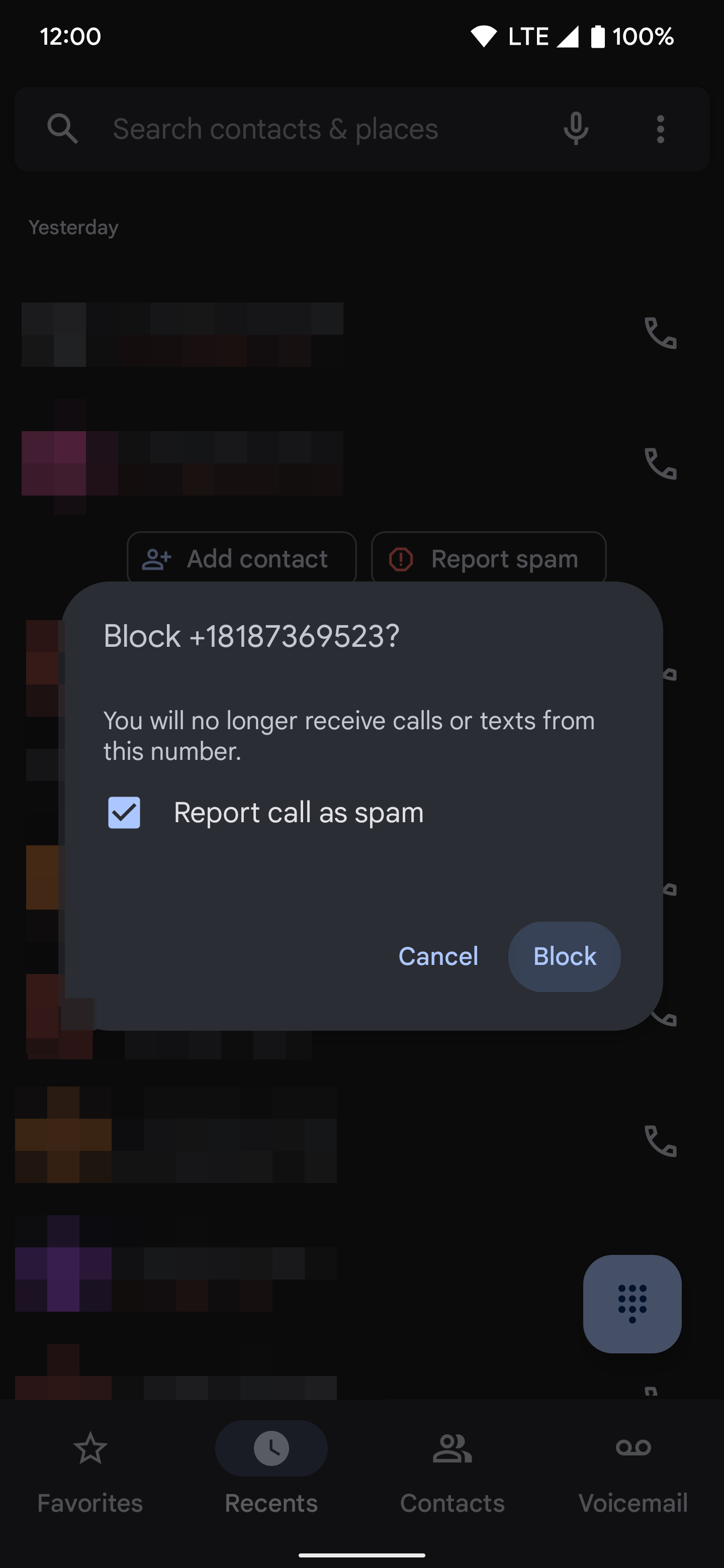 janela de número de bloco de telefone pixel