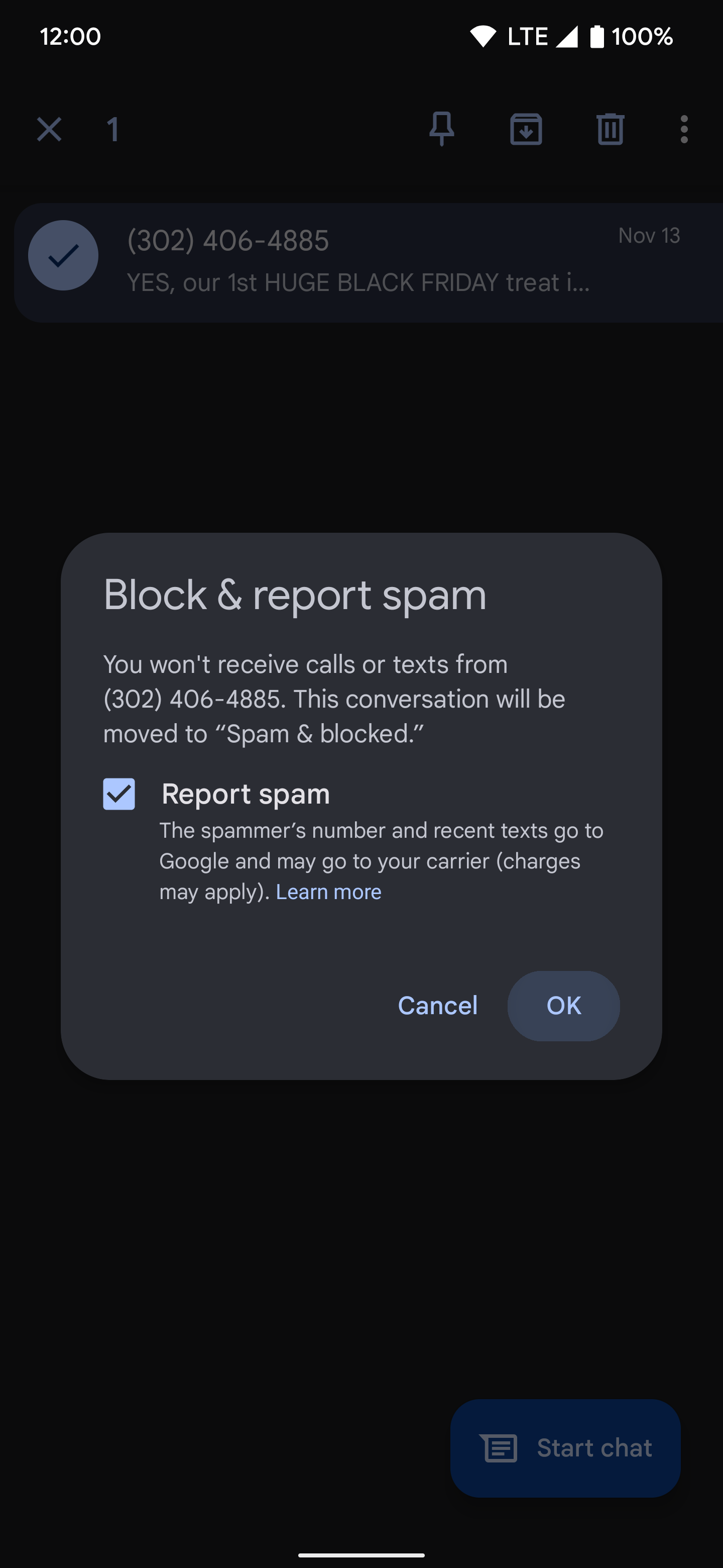 bloco de telefone pixel e janela de relatório de spam