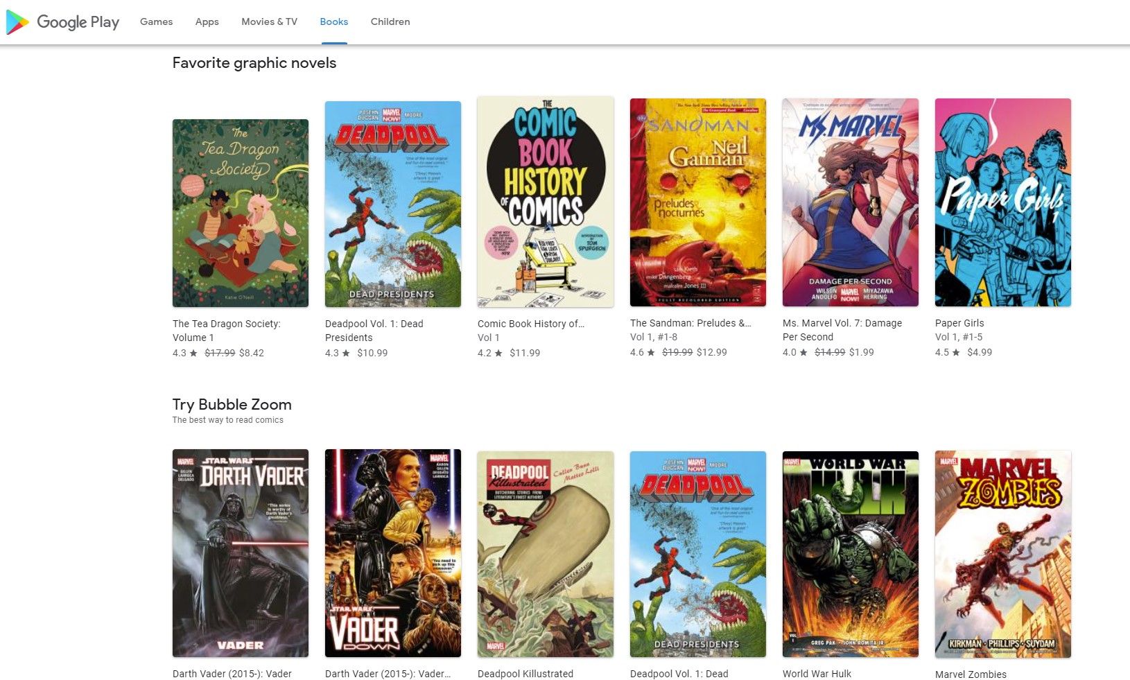 Biblioteca de quadrinhos do Google Play Livros mostrando vários quadrinhos de diferentes publicações