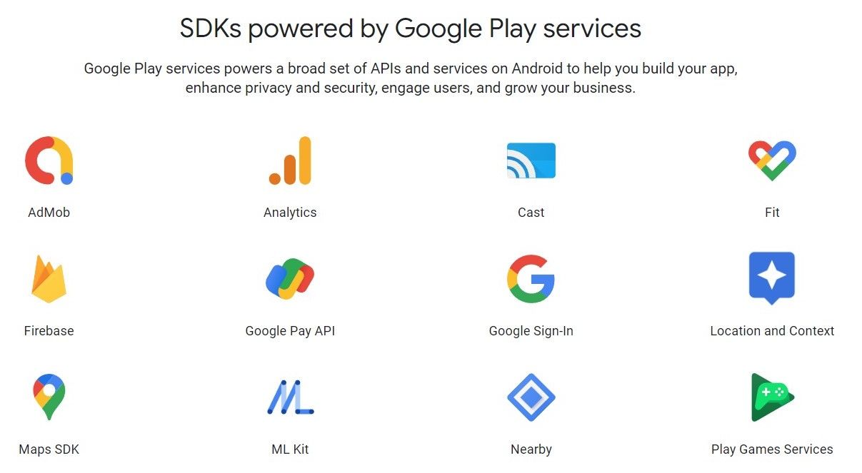 Uma captura de tela mostra vários SDKs que usam o Google Play Services
