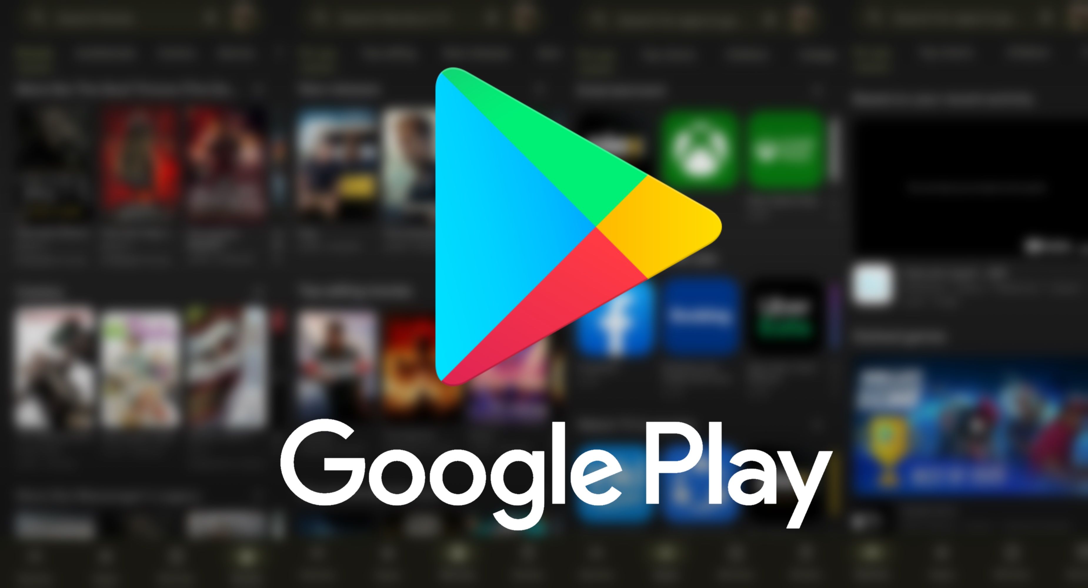 logotipo do Google Play em um campo de logotipos de aplicativos desfocados com o texto do logotipo do Google Play na metade inferior da imagem