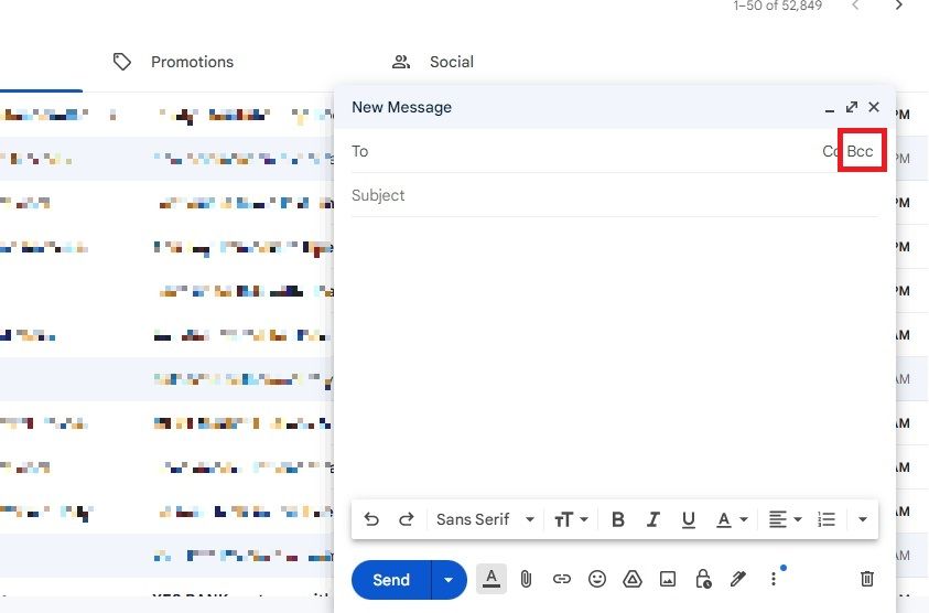 Captura de tela destacando a opção Cco no Gmail para desktop