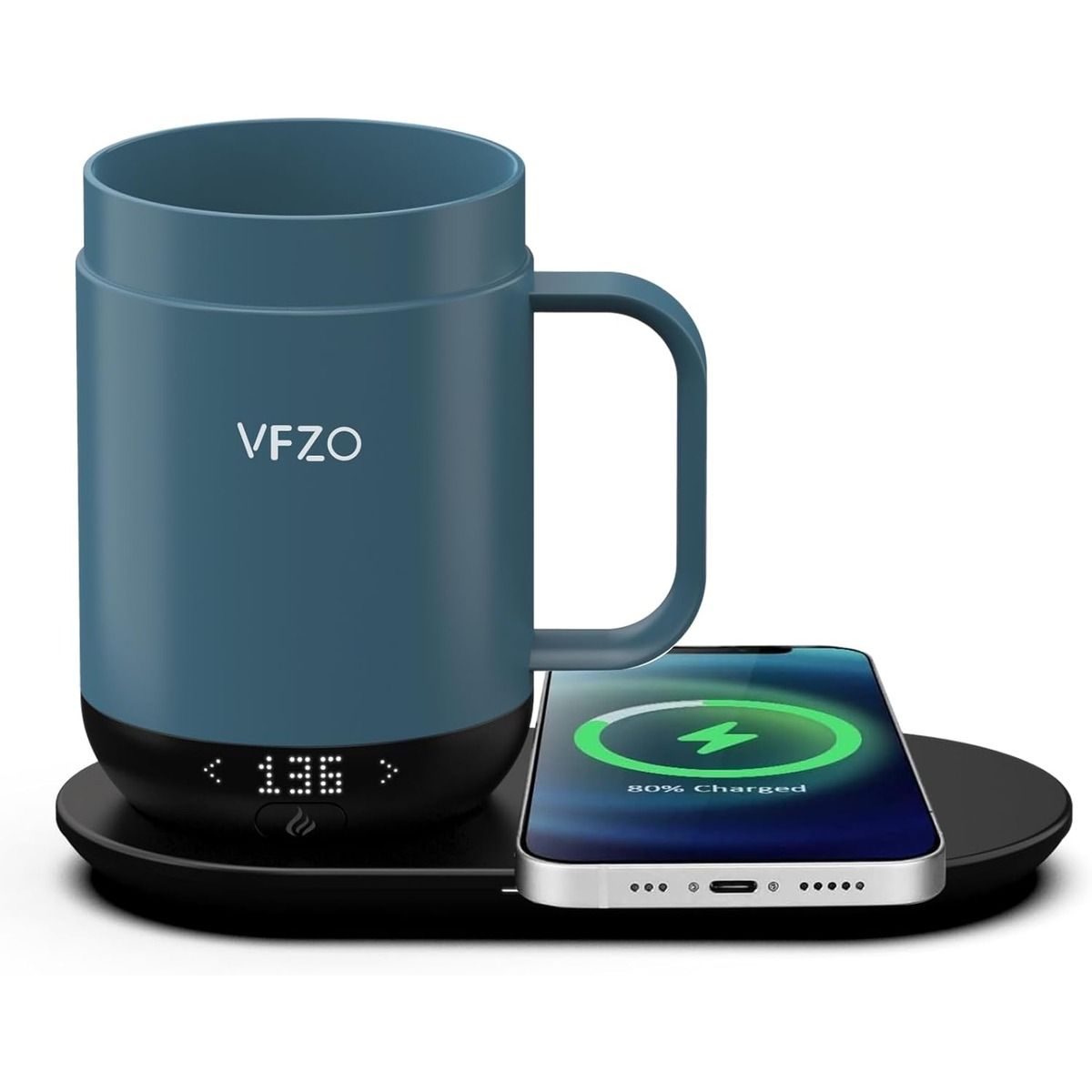 A caneca inteligente Vfzo e um smartphone contra um fundo branco