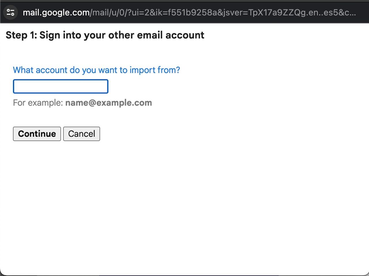 Janela de login para importar e-mails do Gmail