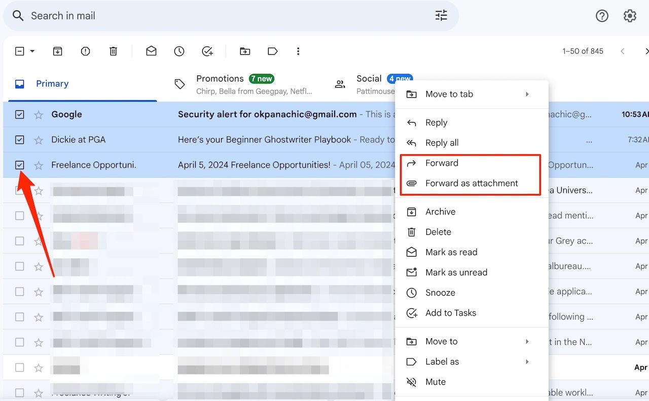 Encaminhando e-mails manualmente no aplicativo web Gmail