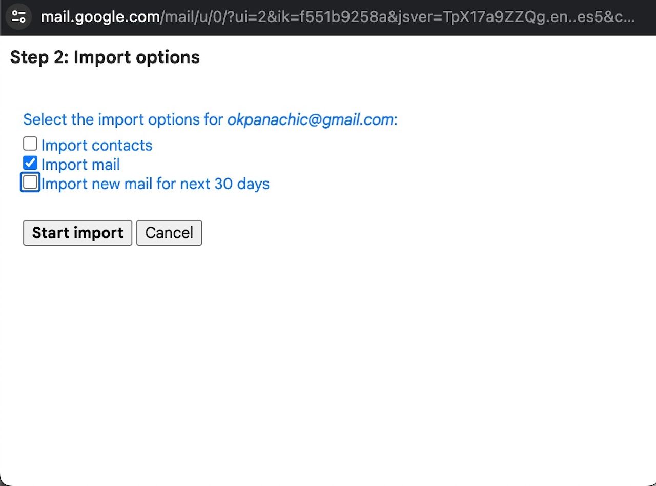 Opções de importação no aplicativo da web do Gmail