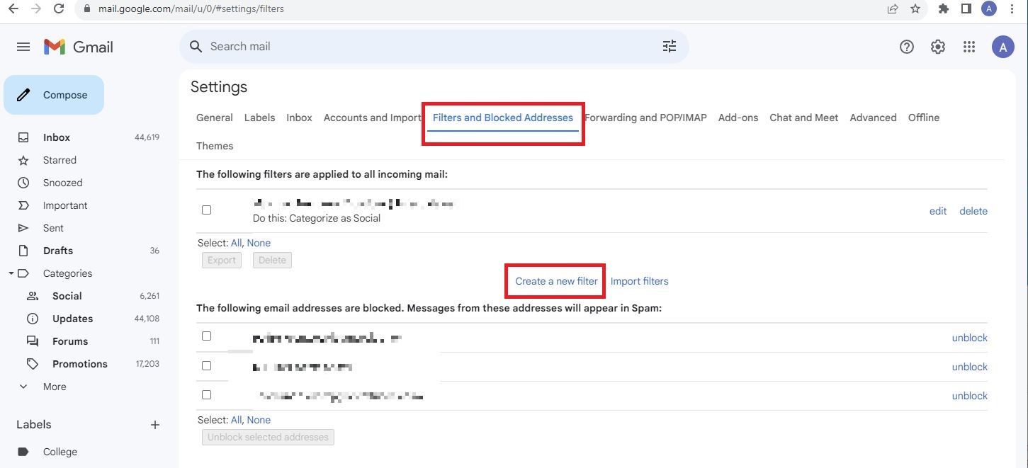 Captura de tela destacando “Criar um novo filtro” em “Filtro” no Gmail.