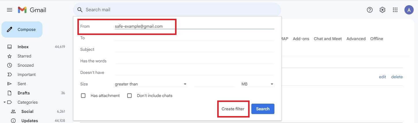 Captura de tela destacando a opção ‘Criar filtro’ no Gmail.