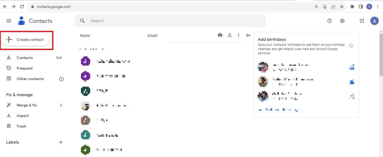 Captura de tela destacando 'Criar contato' no Gmail.
