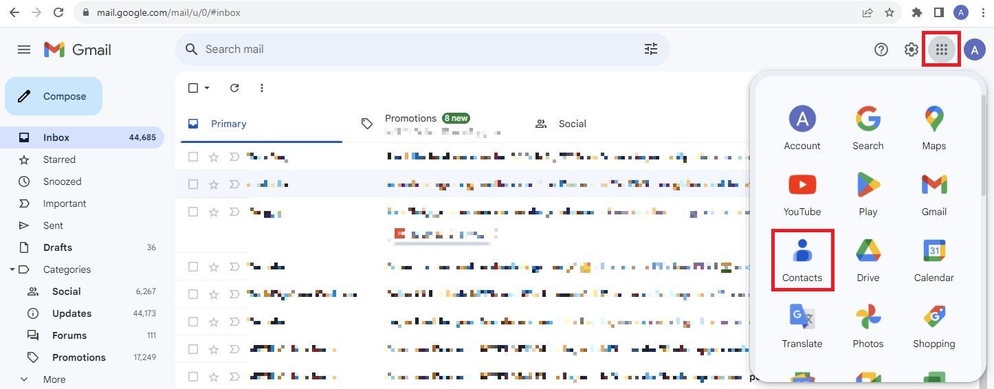 Captura de tela destacando o aplicativo Contatos do Google no Gmail.