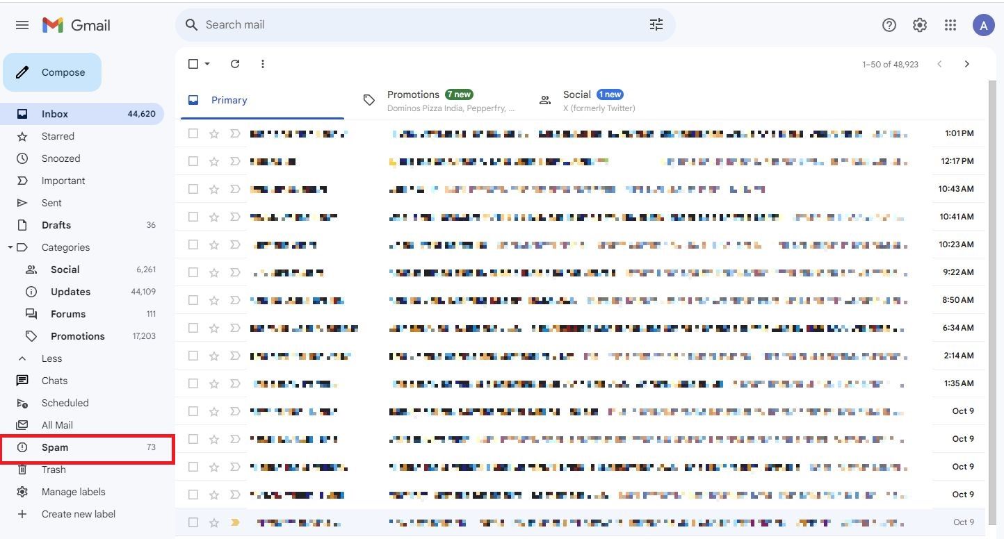 Captura de tela destacando a pasta Spam do Gmail.
