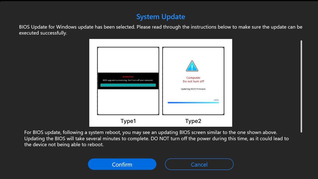 Captura de tela de confirmação da atualização do sistema ROG Ally