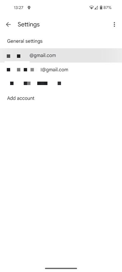 seletor de conta de configurações do Gmail