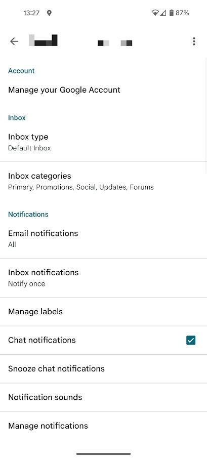 menu de configurações do Gmail