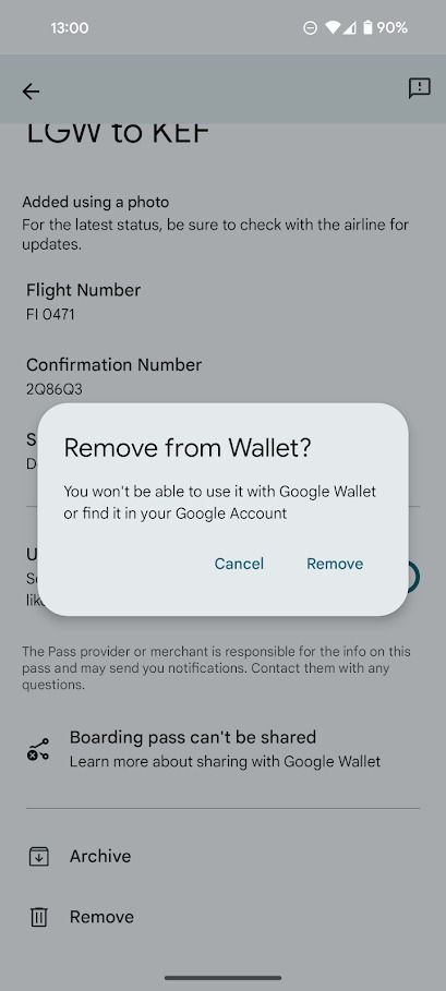 opção remover da carteira para cartão de embarque no Google Wallet