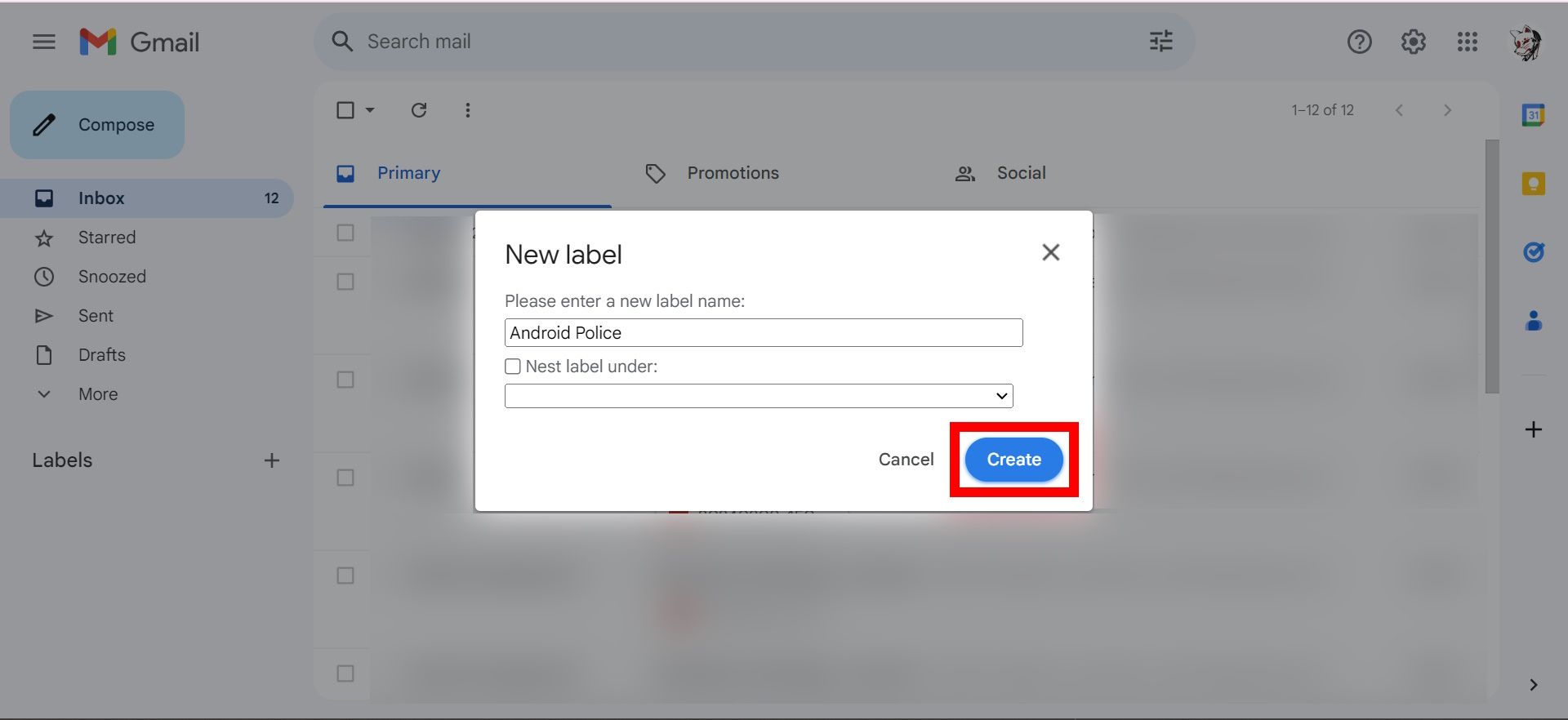 contorno de retângulo vermelho sobre o botão azul criar na nova janela de rótulo no Gmail