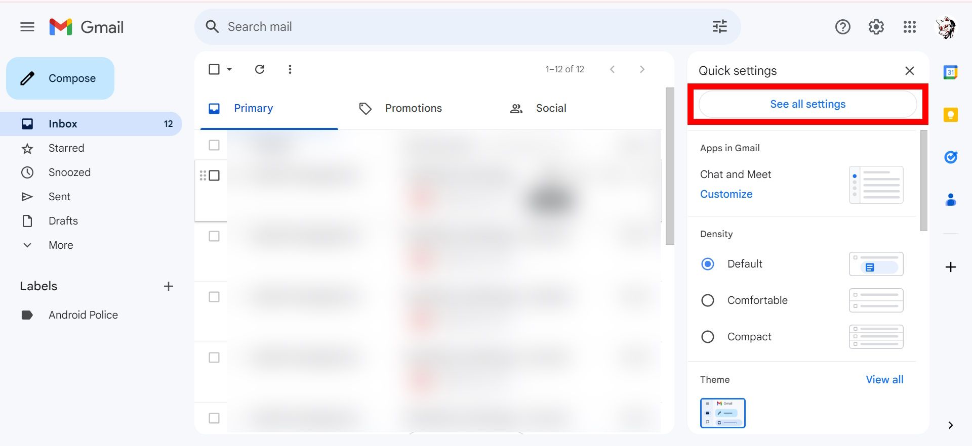 contorno de retângulo vermelho sobre ver todas as configurações nas configurações rápidas do Gmail