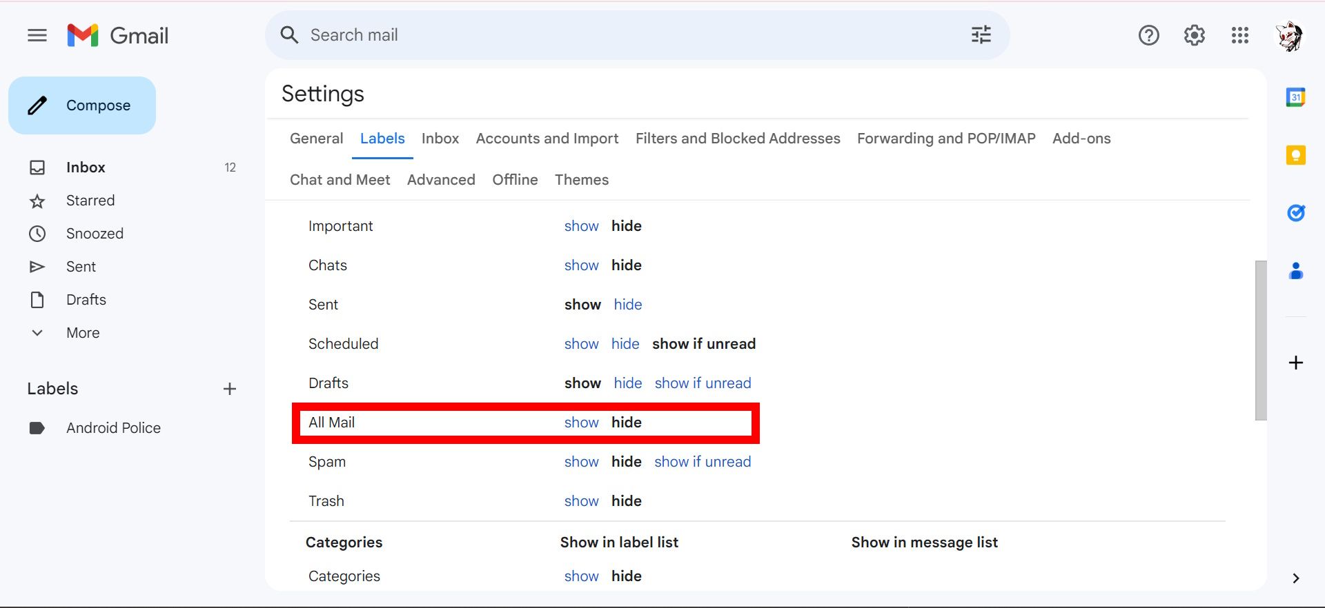 contorno de retângulo vermelho sobre todas as configurações de rótulos de e-mail no Gmail