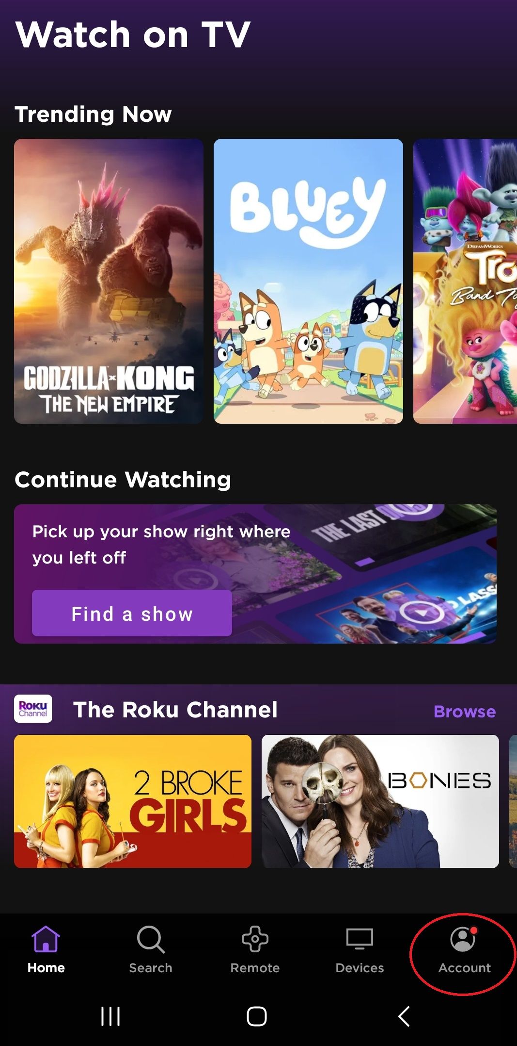 Captura de tela do aplicativo Roku mostrando o botão Conta