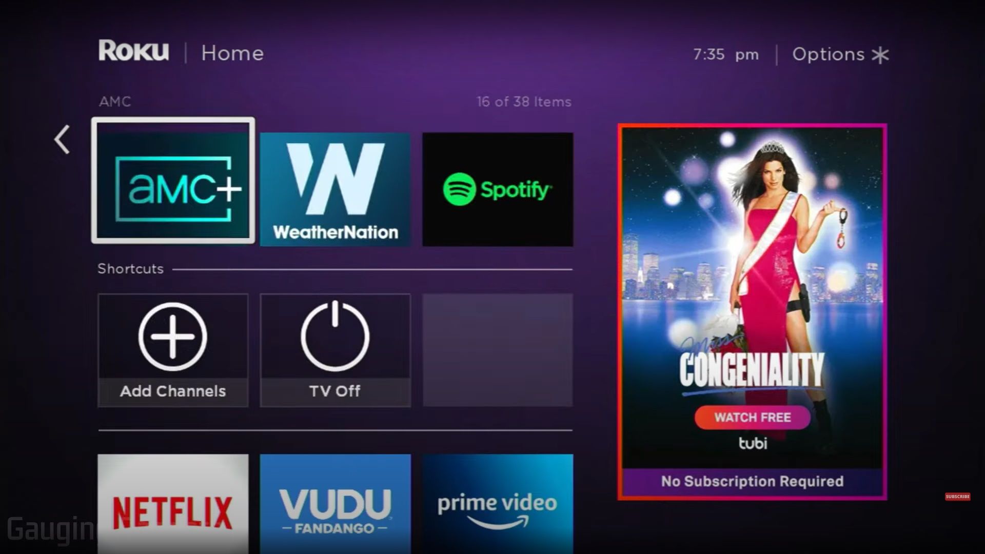 Captura de tela da interface da Roku TV com AMC+ selecionado
