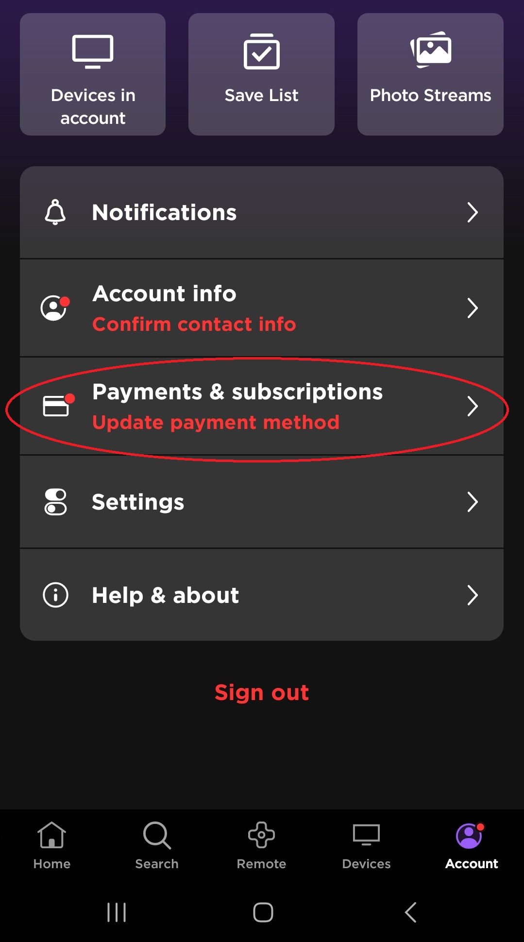 Captura de tela do aplicativo Roku mostrando pagamentos e assinaturas