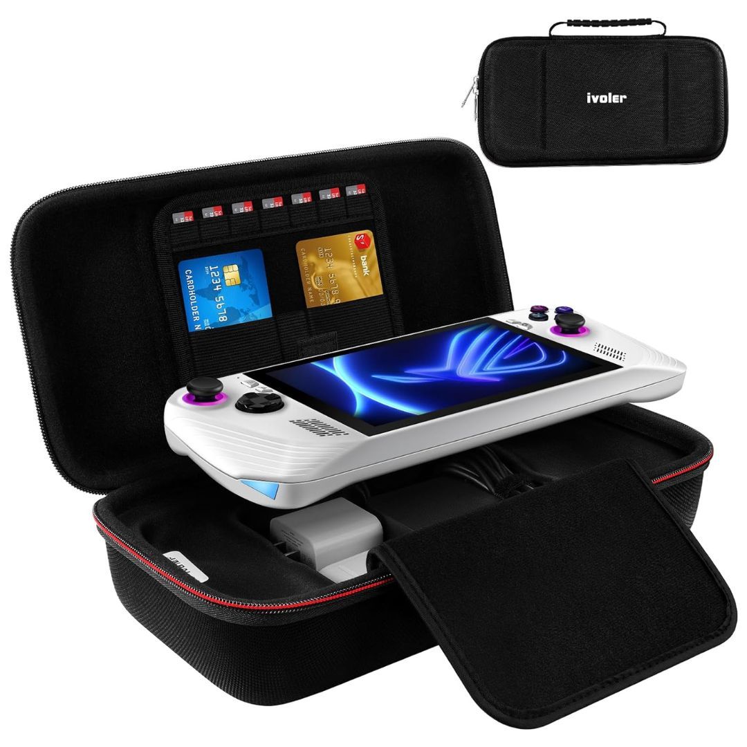 Um console de jogos portátil em cima de um estojo preto