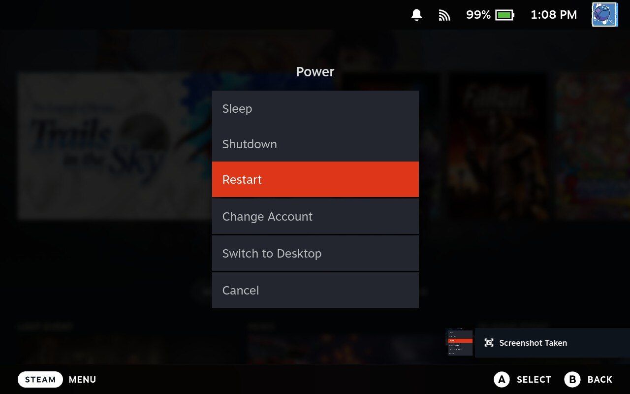 Captura de tela do Steam Deck mostrando o menu de reinicialização