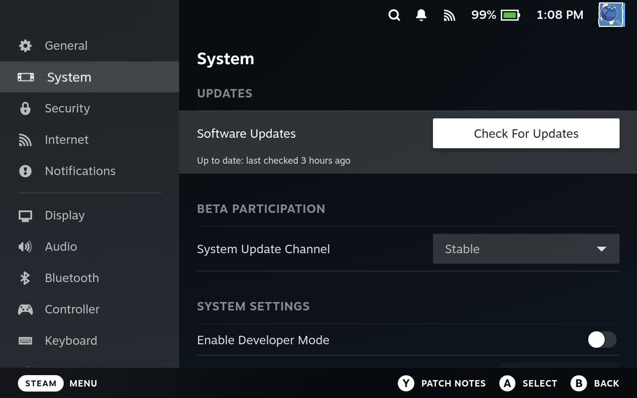 Captura de tela do Steam Deck mostrando a configuração do menu de atualização