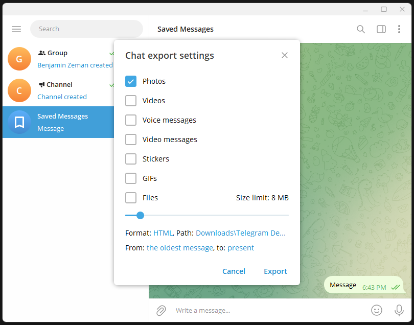 Exporte bate-papos individuais no aplicativo de desktop portátil Telegram