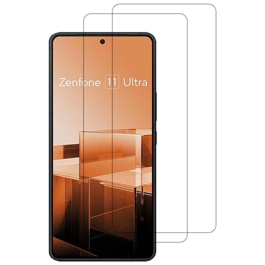 Dois protetores de tela transparentes sobrepostos em um smartphone com papel de parede laranja