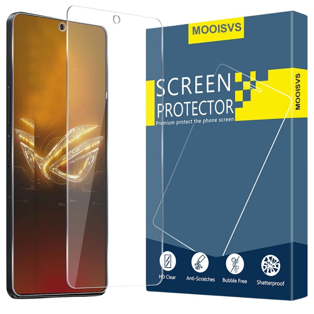 Um protetor de tela transparente ao lado de um smartphone e uma caixa azul