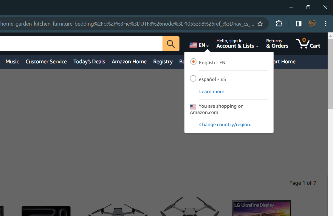 Captura de tela mostrando as opções de idioma da página inicial da Amazon