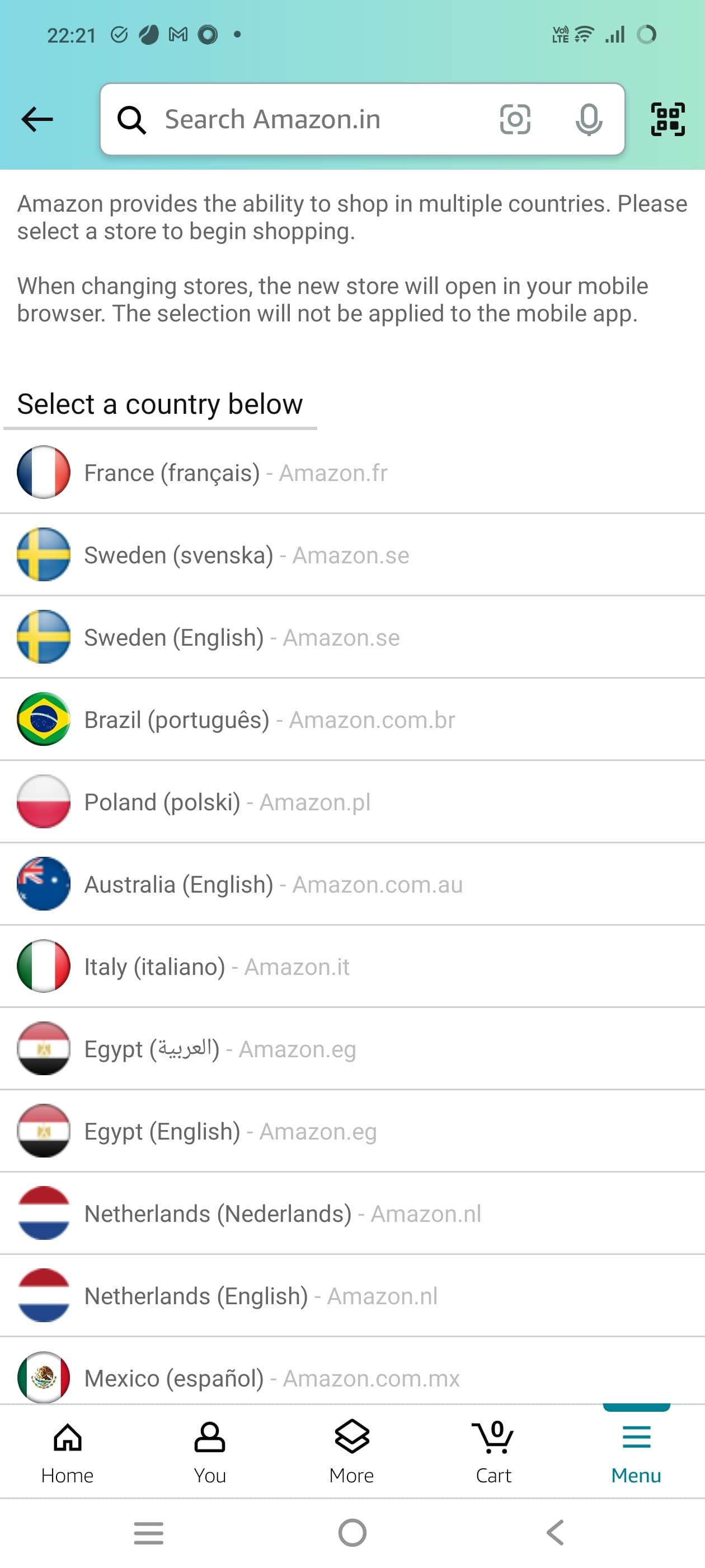 Opções de idioma da Amazon no aplicativo para smartphone