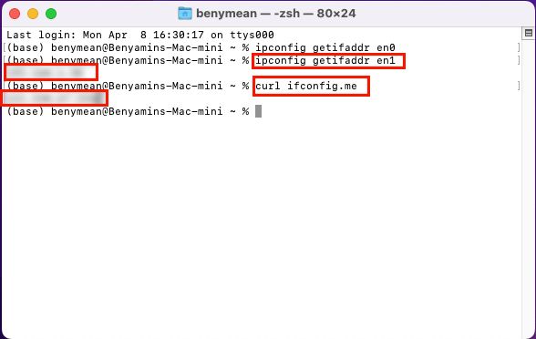 Uma captura de tela de uma janela do Terminal Mac com um usuário digitando comandos para encontrar o endereço IP.